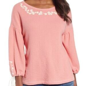 CASLON Coral Embroidered Billow Sleeve Top S‎ Boho NWT Statement Tassel Ties